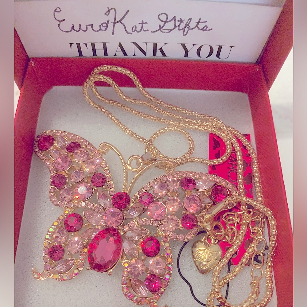Betsey Johnson Colorful Butterfly pink gold Necklace cz Rhinestone NEW 18"-22" - Picture 10 of 12